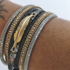 Gray + Gold Leaf + Silver Rhinestone Multi Strand Extended Size LXL Bracelet NEW